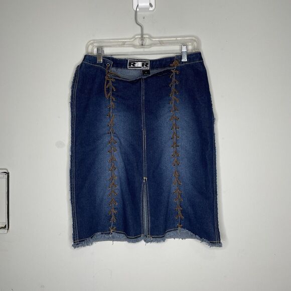 Rave Skirt Jumiors 15 Blue Denim Lace-Up Raw Hem Slit Midi Jean Y2K Vintage - Picture 1 of 9